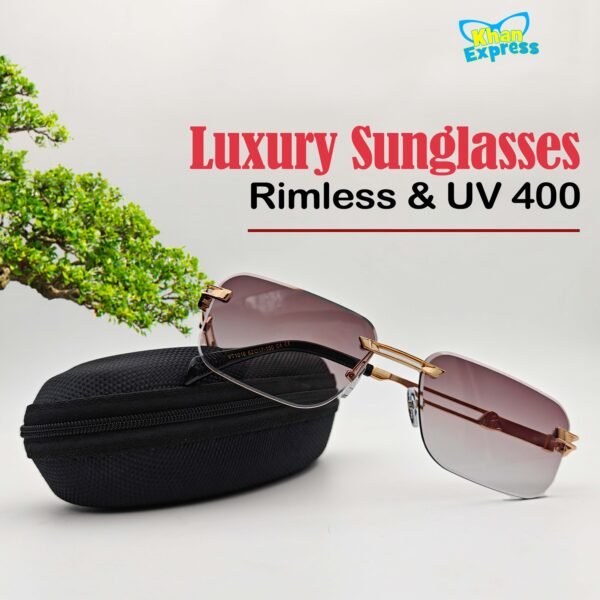 Maybach Rimless Sunglasses UV400 Photo Sun Lens | Golden Temple Brown Lens (YT1016)