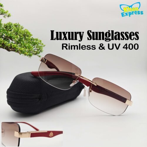 Maybach Wooden Temple Rimless Sunglasses UV400 | Golden Frame Maroon Gradient Lens Premium