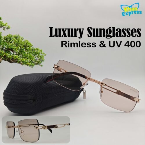Maybach Rimless Luxury Sunglasses UV400 | Golden Metal Frame Brown Lens (YT1016)