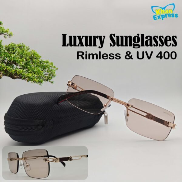 1 st Maybach Rimless Luxury Sunglasses UV400 | Golden Metal Frame Brown Lens (YT1016)