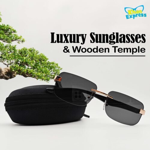 Maybach Rimless Wooden Temple Sunglasses UV400 | Black Lens Luxury Frame (YT1029)