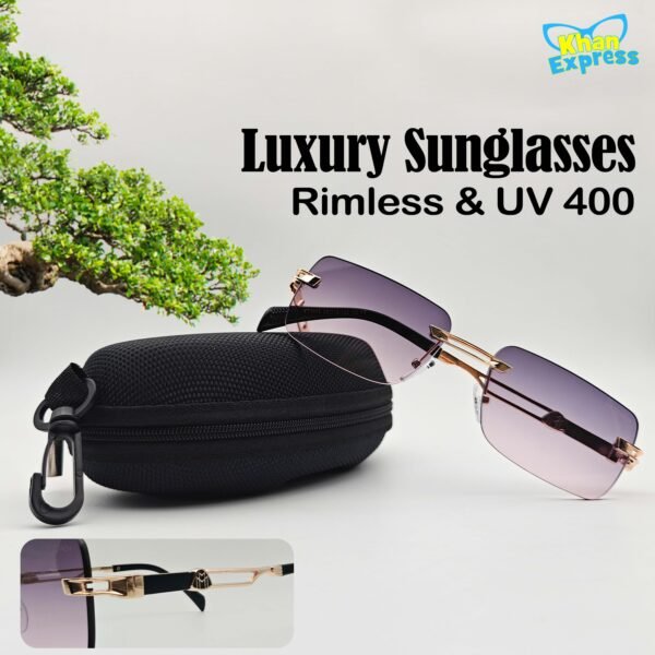 1 st Maybach Rimless Sunglasses UV400 | Golden Frame Purple Gradient Lens Premium (YT1015)