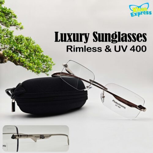 Maybach Rimless Sunglasses UV400 Photo Sun Lens | Silver Metal Frame White Lens Premium