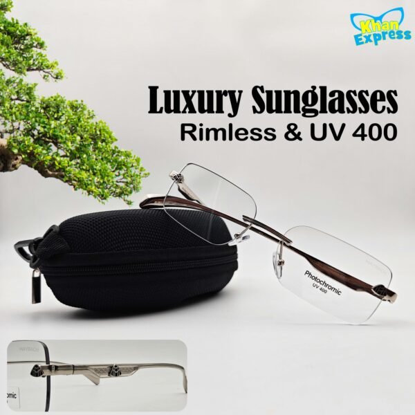 1 st Maybach Rimless Sunglasses UV400 Photo Sun Lens | Silver Metal Frame White Lens Premium
